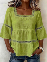 Women’S Square-Neck Cotton-Linen Lace Appliqué Patchwork Short-Sleeved Top