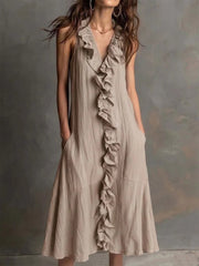 Women’S Sleeveless Cotton-Linen V-Neck Large-Skirt Hibiscus-Edge Dress