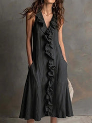 Women’S Sleeveless Cotton-Linen V-Neck Large-Skirt Hibiscus-Edge Dress