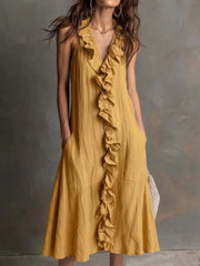 Women’S Sleeveless Cotton-Linen V-Neck Large-Skirt Hibiscus-Edge Dress