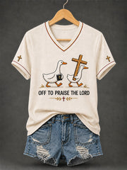 Women's Christian Off To Praise The Lord Print Casual V-Neck Tee