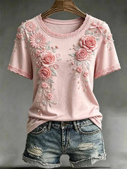 Women's Fashion Pink Floral Print T-Shirt