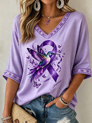 Women's Purple Hummingbird Pattern Alzheimer's Awareness Print T-Shirt