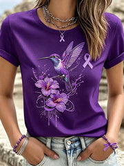 Women's Purple Hummingbird Pattern Alzheimer's Awareness Print T-Shirt