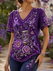 Women's Floral & Hourglass Pattern Alzheimer's Support Print T-Shirt