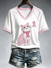 Women's Cat Pattern Breast Cancer Awareness Printed T-Shirt