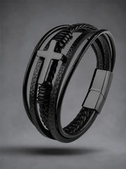 Men's Punk Style Christian Cross Leather Multi-Layer Hand-Woven Rope Bracelet