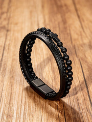 Unisex Natural Stone Obsidian Volcanic Rock Elements Simple Cross-Shaped Multi-Layered Bracelet