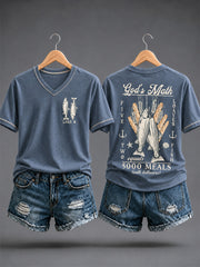 Women's Jesus 2 Fishes 5 Breads 5000 Chosen Against The Current Print Casual V-Neck Tee