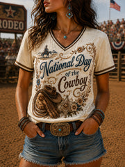 Women’s Retro Western Cowboy Day Print Casual Short-Sleeve T-Shirt.