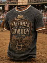 Men’s Retro Western Cowboy Day Print Casual Short-Sleeve T-Shirt.
