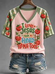 Women's I Love Jesus From My Head Tomatoes Print Casual V-Neck Tee
