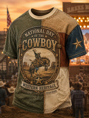 Men’s Retro Western Cowboy Day Print Casual Short-Sleeve T-Shirt