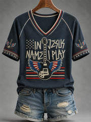 Women's In Jesus Name I Play Print Casual V-Neck Tee