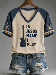 Women's In Jesus Name I Play Print Casual V-Neck Tee