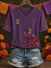 Día de México de las mujeres de la impresión del arte muerto camiseta con cuello en V Casual