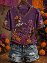 Camiseta casual con cuello en V y estampado artístico del Día de los Muertos de México para mujer