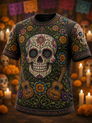 Camiseta casual con estampado floral de esqueleto del Día de los Muertos para hombre