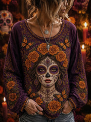 Camiseta informal de manga larga para mujer con estampado floral de esqueleto del Día de los Muertos