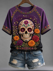 Camiseta casual de manga corta con estampado de calavera del Día de Muertos para mujer