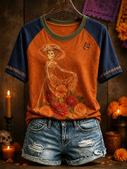 Camiseta estampada con arte floral del Día de los Muertos mexicano para mujer
