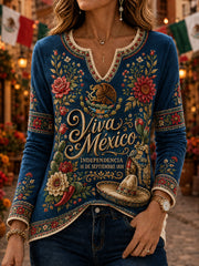 Camiseta de manga larga con cuello en V del Día de la Independencia de México