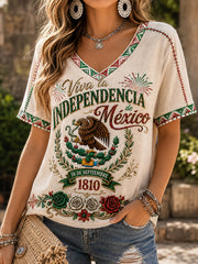 Camisa de lino con cuello en V y estampado del Día de la Independencia de México para mujer