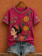 Camiseta estampada con arte floral mexicano para mujer