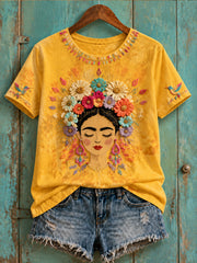 Camiseta estampada con arte floral mexicano para mujer