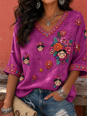 Camiseta estampada con arte floral mexicano para mujer