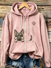 Lindo pastor alemán de peeking de las mujeres con Paw Print Cozy Zip-Up Hoodie