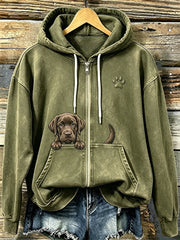 Mujer Chocolate Labrador & Paw Print Cozy Zip-Up Hoodie