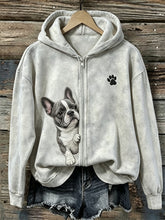 Mujer Peeking French Bulldog & Paw Print Full Zip Hoodie