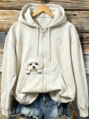 Sudadera cómoda con capucha y cremallera para mujer, diseño adorable de maltés asomándose con huellas de patas
