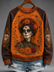 Sudadera casual con estampado artístico del Día de los Muertos mexicano para mujer