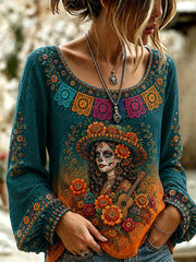 Top casual para mujer con estampado de arte del Día de los Muertos de México