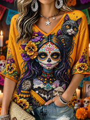 Camiseta informal estampada de Día de Muertos para mujer