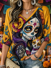 Camiseta informal estampada de Día de Muertos para mujer