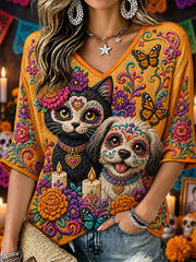 Camiseta informal estampada de Día de Muertos para mujer