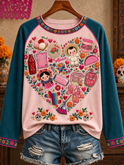 Camiseta estampada con diseño floral de la muñeca Lele mexicana para mujer