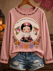 Camiseta estampada con diseño floral de la muñeca Lele mexicana para mujer