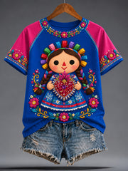 Camiseta estampada con diseño floral de la muñeca Lele mexicana para mujer