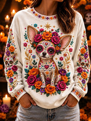 Primavera Flor Hada Impreso Crew-Neck Retro Moda Suelta Sudadera de manga larga