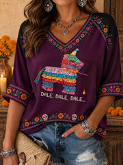 Camiseta estampada con arte de muñeca Lele mexicana para mujer