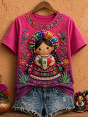 Camiseta estampada con arte de muñeca Lele mexicana para mujer