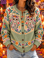Suéter cárdigan informal con estampado de Día de Muertos para mujer