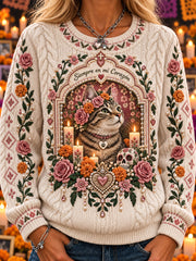 Suéter casual de cuello redondo con estampado de mascotas para el Día de Muertos femenino
