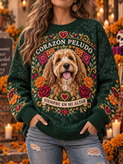 Suéter casual con cuello redondo y estampado de mascotas para mujer del día de los muertos
