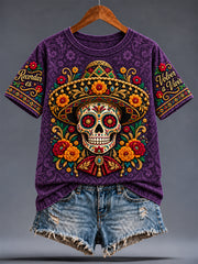Camiseta con estampado floral de la cultura mexicana para mujer