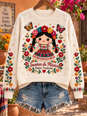 Sudadera de cuello redondo con estampado floral Lele de cultura mexicana para mujer